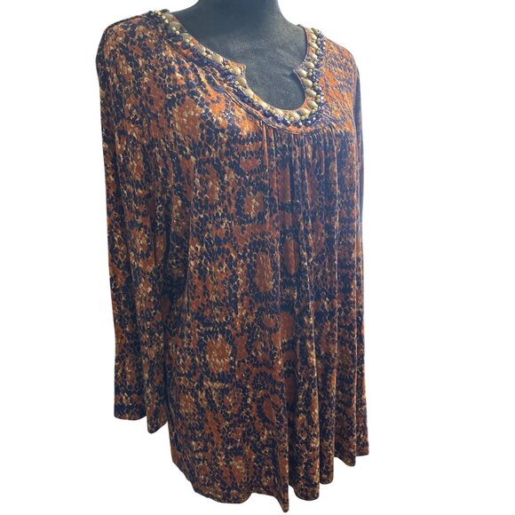 Boho-Style Tunic Top With Beaded Neckline And Animal Print Design Long Sleeves F - Picture 2 of 7